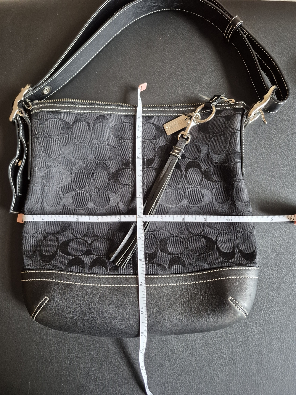 Coach Black Leather and Signature C Jacquard Crossbody with Tassel Style 9362
